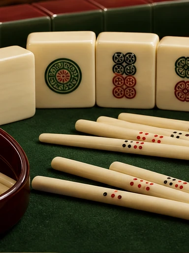 Tellepinner og mahjong-steiner på grønn filt