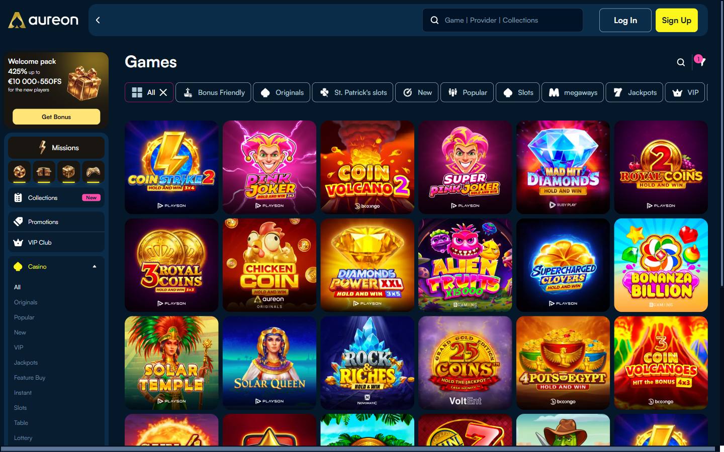 Spilloversikten med filterrekken operatøren selv sorterer etter: Originals, nye spill, populære spill, spilleautomater, Megaways, jackpotter og VIP. Logoene nederst på spillkortene er det nærmeste nettstedet kommer en leverandøroversikt for den som ikke er logget inn.