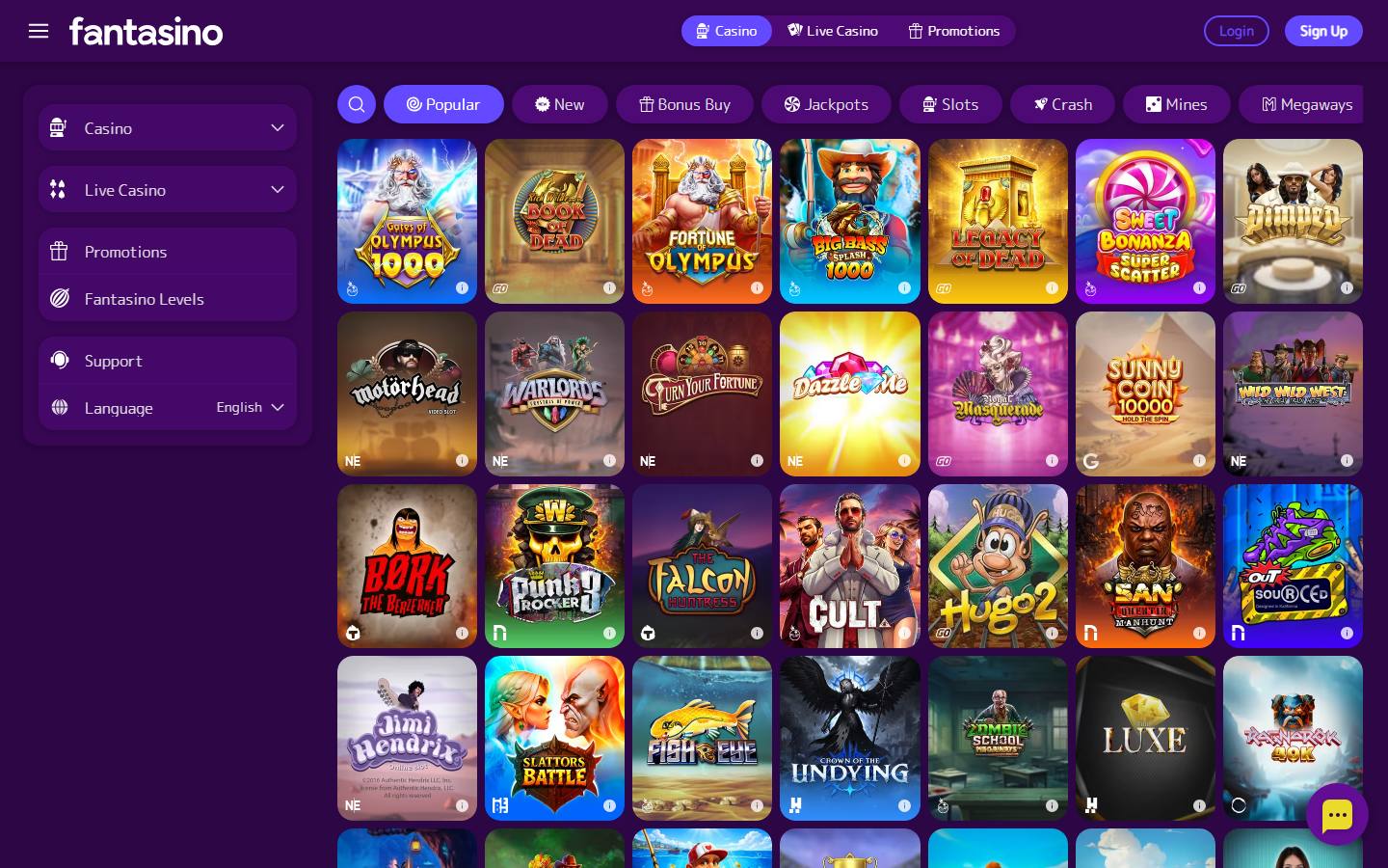 Spilloversikten med kategoriene operatøren selv sorterer etter — blant dem Megaways, Bonus Buy, Hold and Win og jackpotter som egne innganger.