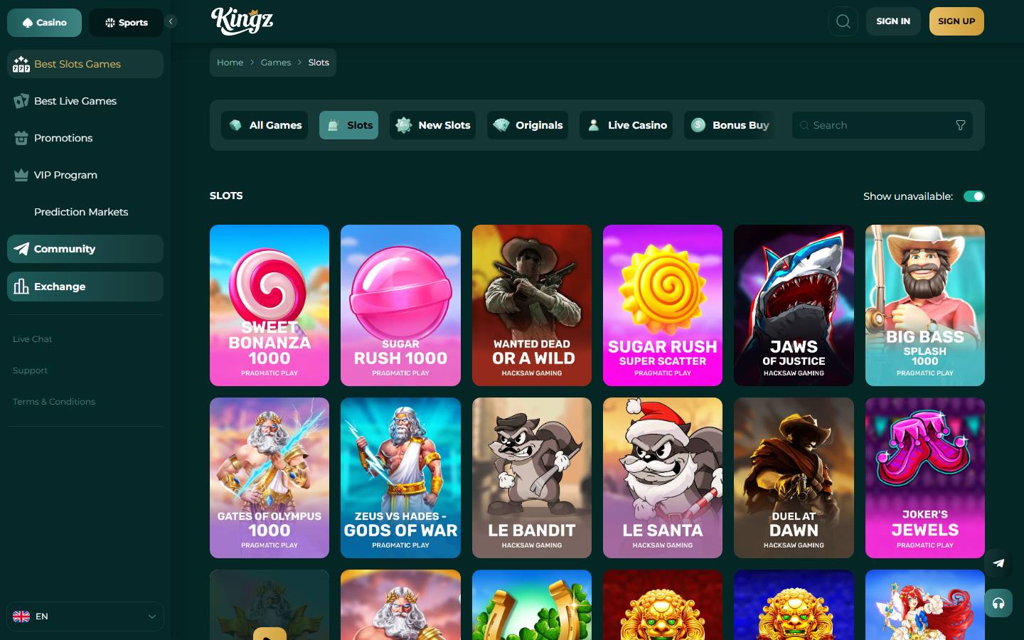 Spilloversikten med filtrene for alle spill, automater, nye spill, egenutviklede titler, live casino og bonus buy. Studionavnet står under hvert omslag, men ingen teller oppgir hvor mange titler som ligger bak filtrene.