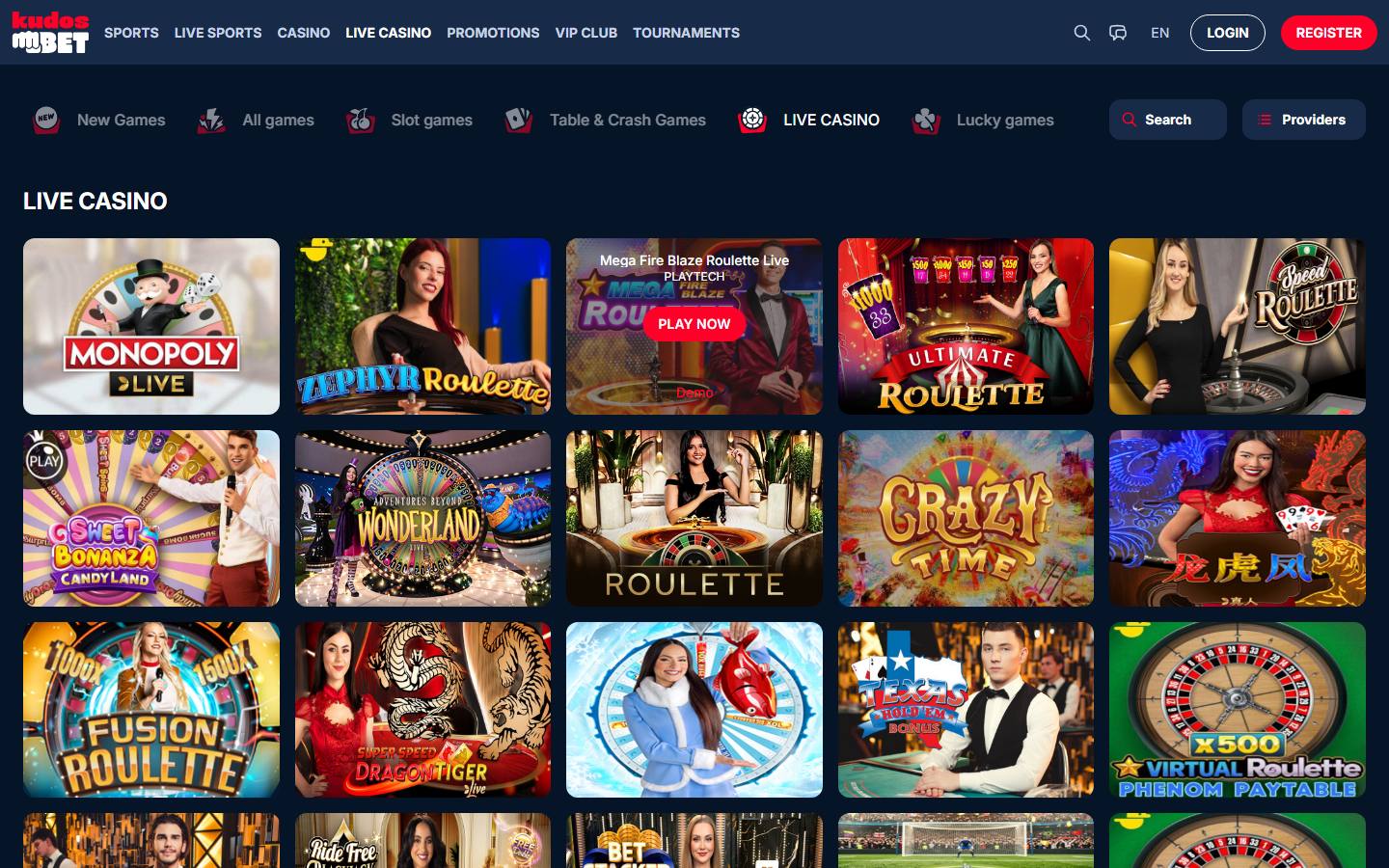 Live casino-avdelingen med spillshow og bord side om side: MONOPOLY Live, Crazy Time, Sweet Bonanza CandyLand, Adventures Beyond Wonderland og en lang rekke rulett- og kortbord. Det er den samme delen av lobbyen som gir null bidrag mot omsetningskravet.