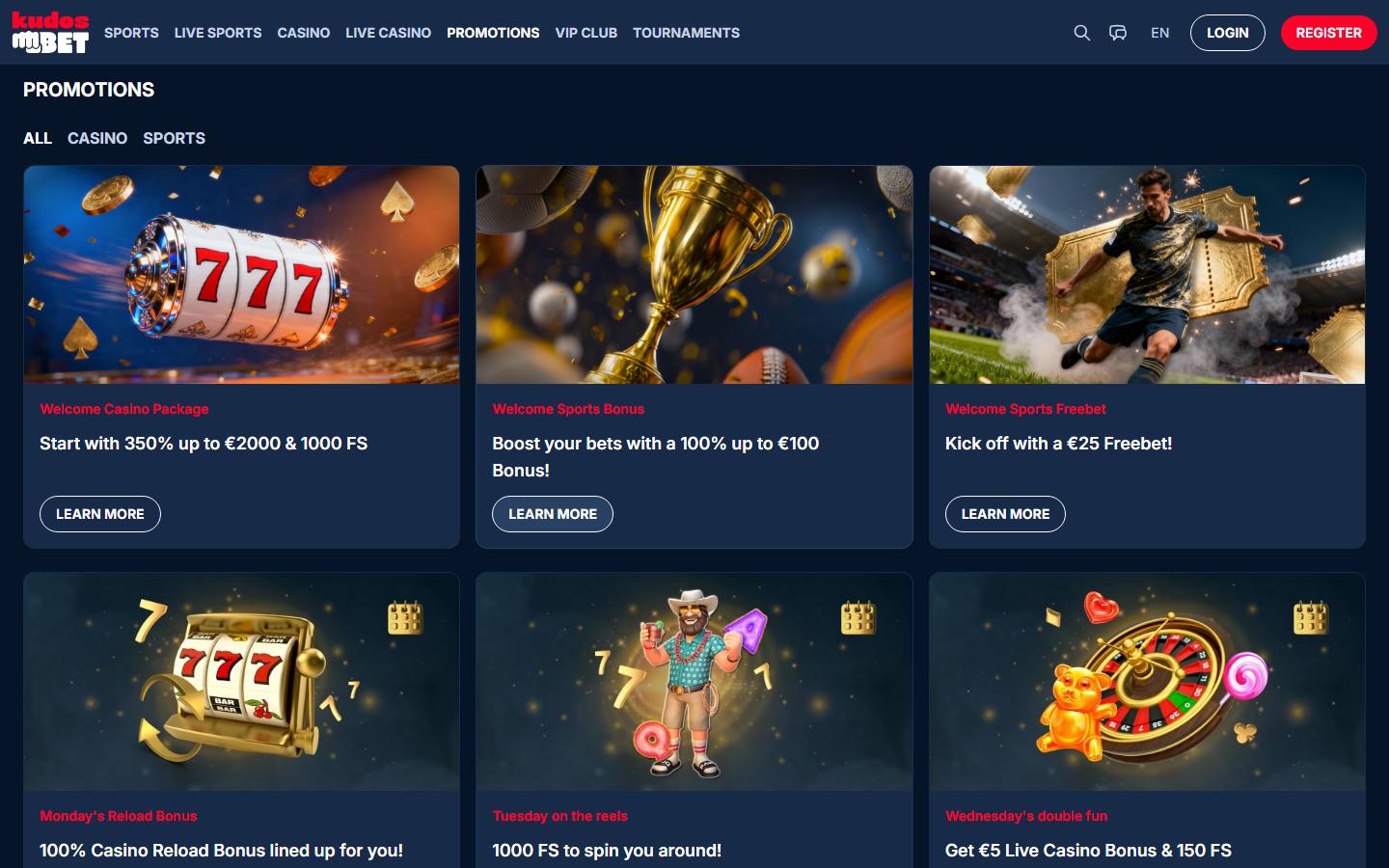 Kampanjesiden med filtrene for kasino og sport øverst. De tre velkomstkortene står først — casinopakken, sportsbonusen og gratisveddemålet — og under dem begynner ukekalenderen med mandagens reload, tirsdagens gratisspinn og onsdagens live-tilbud.
