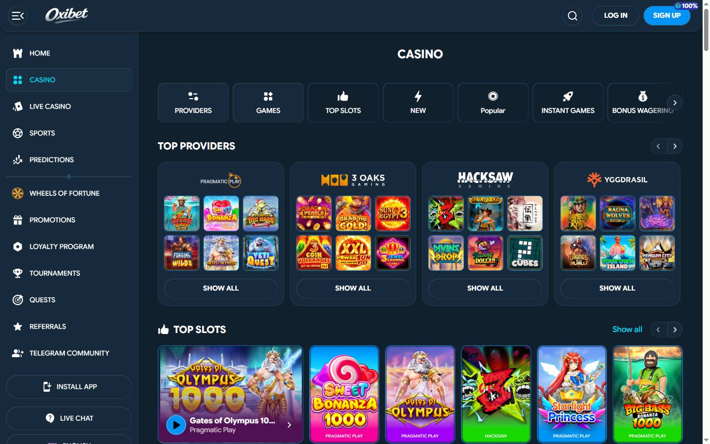 Spilloversikten med kategoriene operatøren selv sorterer etter — spilleautomater, live casino, game shows og bonus buy som egne innganger.