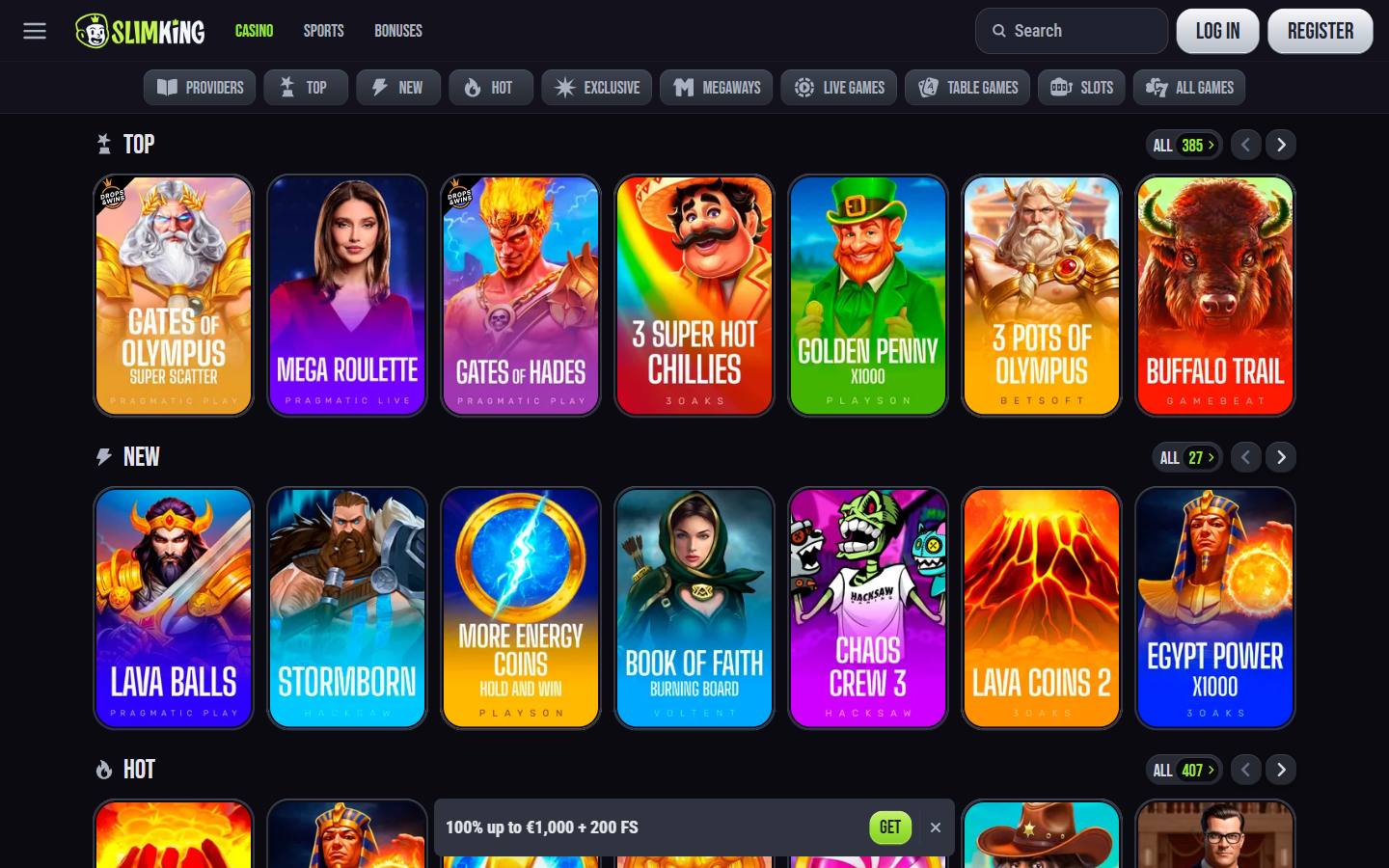 Spilloversikten med kategoriene operatøren selv sorterer etter, inkludert egne innganger for Epic Jackpots og Exclusive.