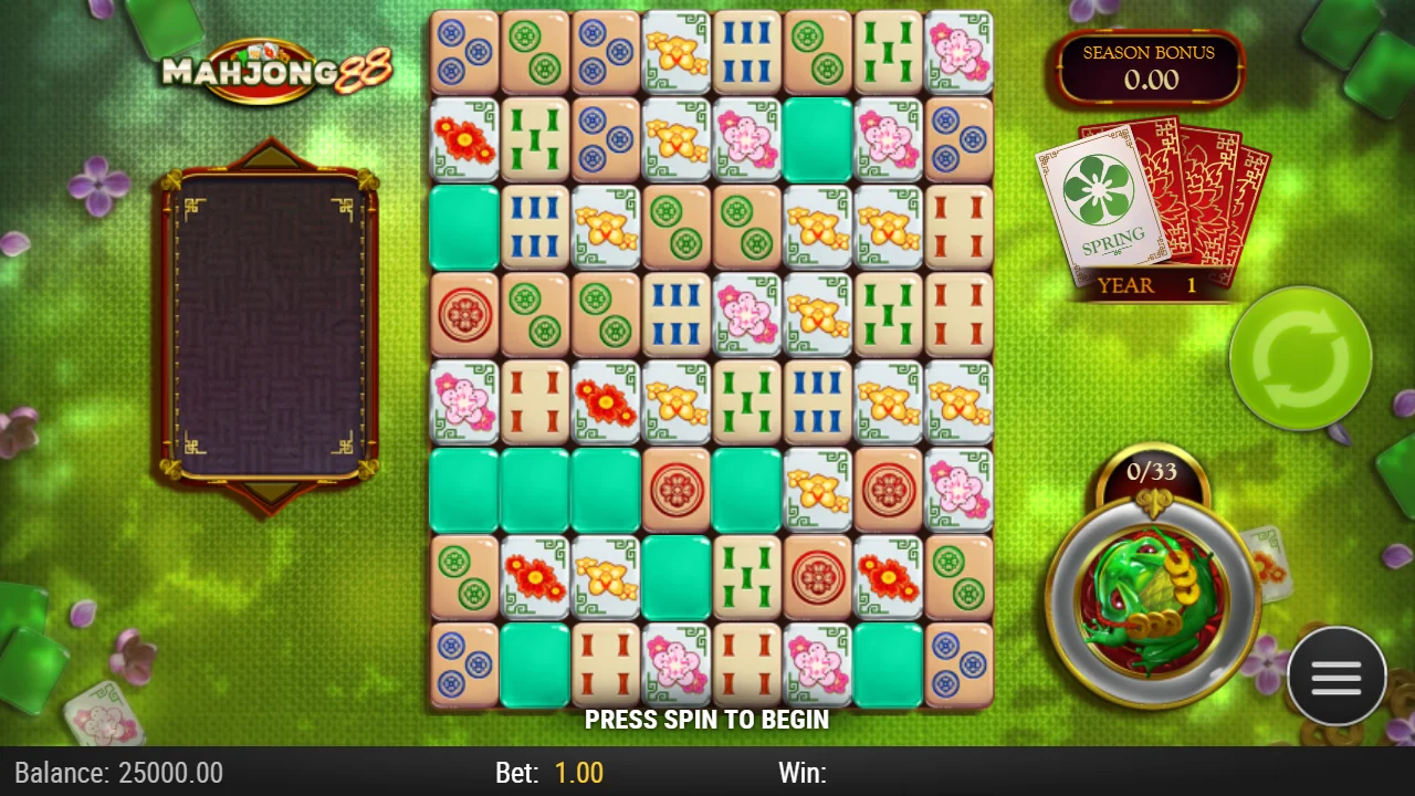 Grunnspillet i Mahjong 88 med 8x8-brettet og sesongkortene