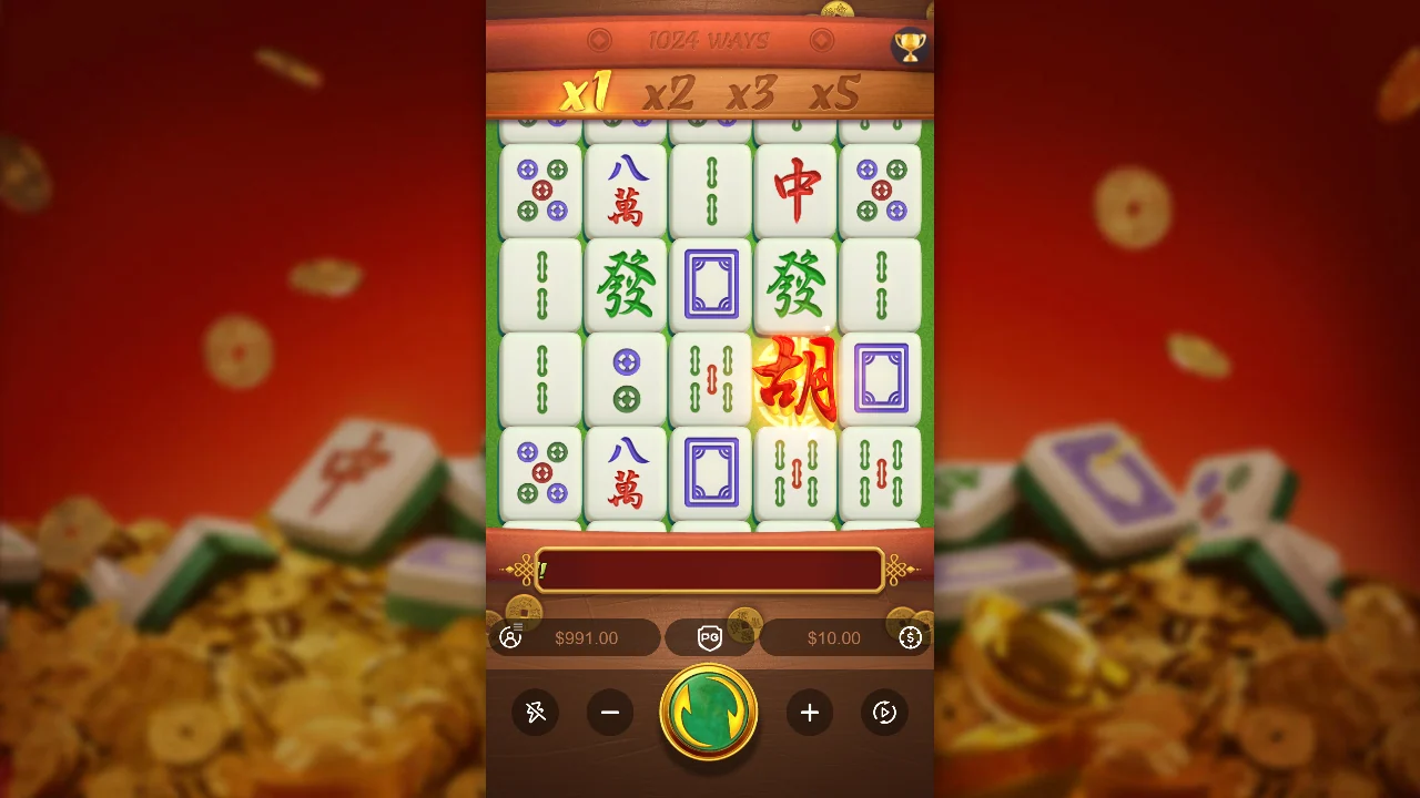 Grunnspillet i Mahjong Ways med multiplikatorstigen over brettet