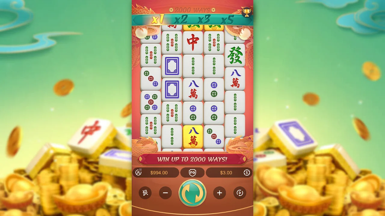 Grunnspillet i Mahjong Ways 2 med multiplikatorstigen over muren