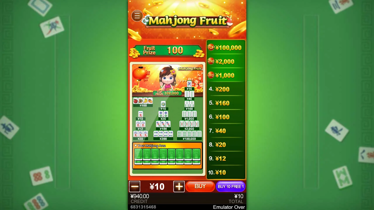 Hovedskjermen i Mahjong Fruit med premietabellen
