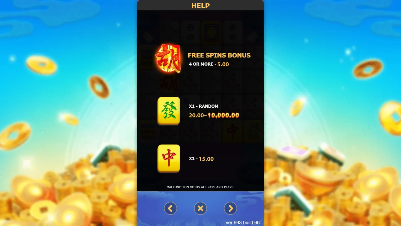 Hjelpepanelet i Mahjong Ways 3 med bonus- og symbolverdier