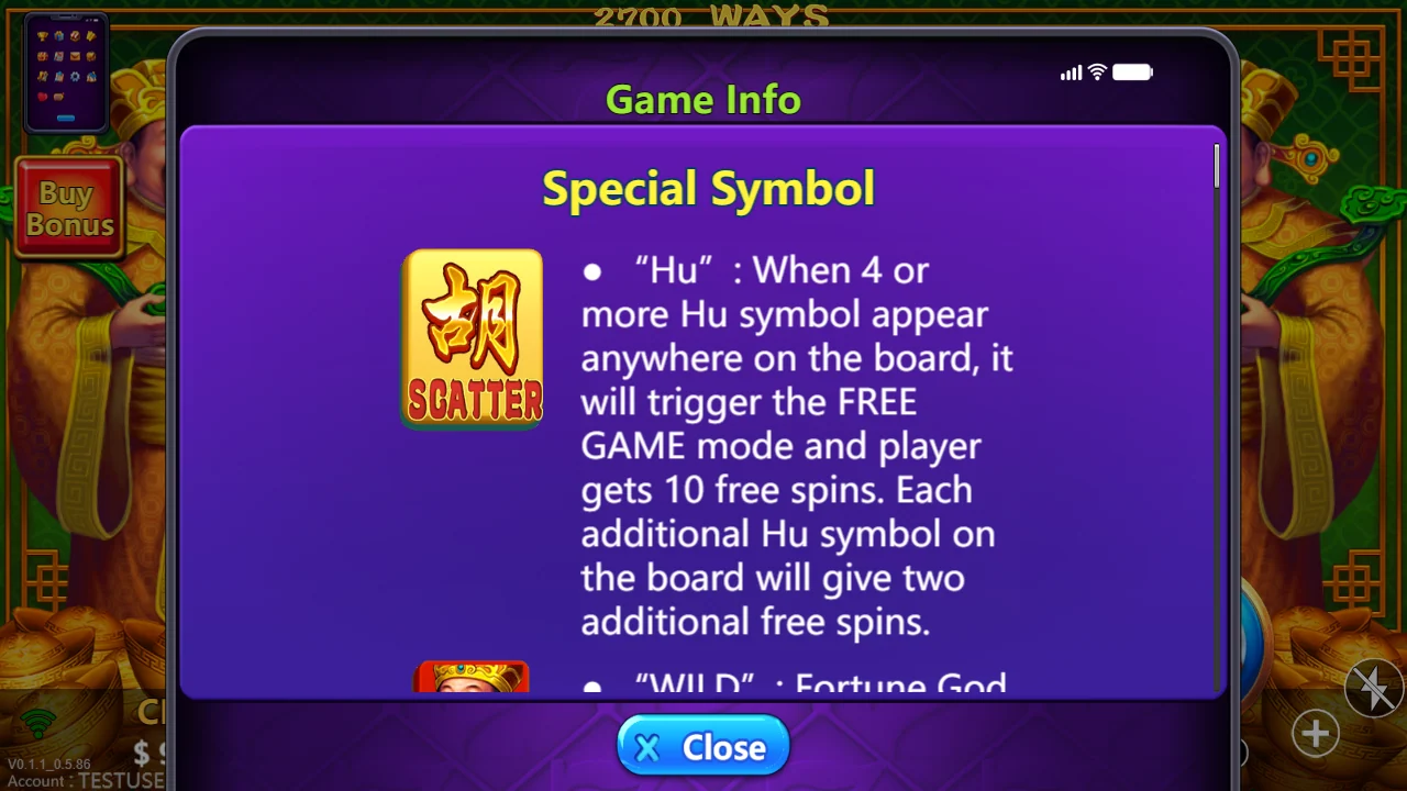 Game Info-panelet i MahJong God om scatter og wild