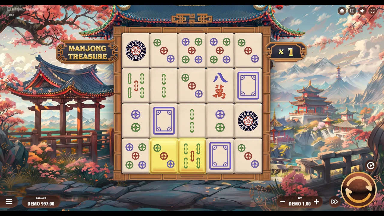 Grunnspillet i Mahjong Treasure med multiplikatoren på x1
