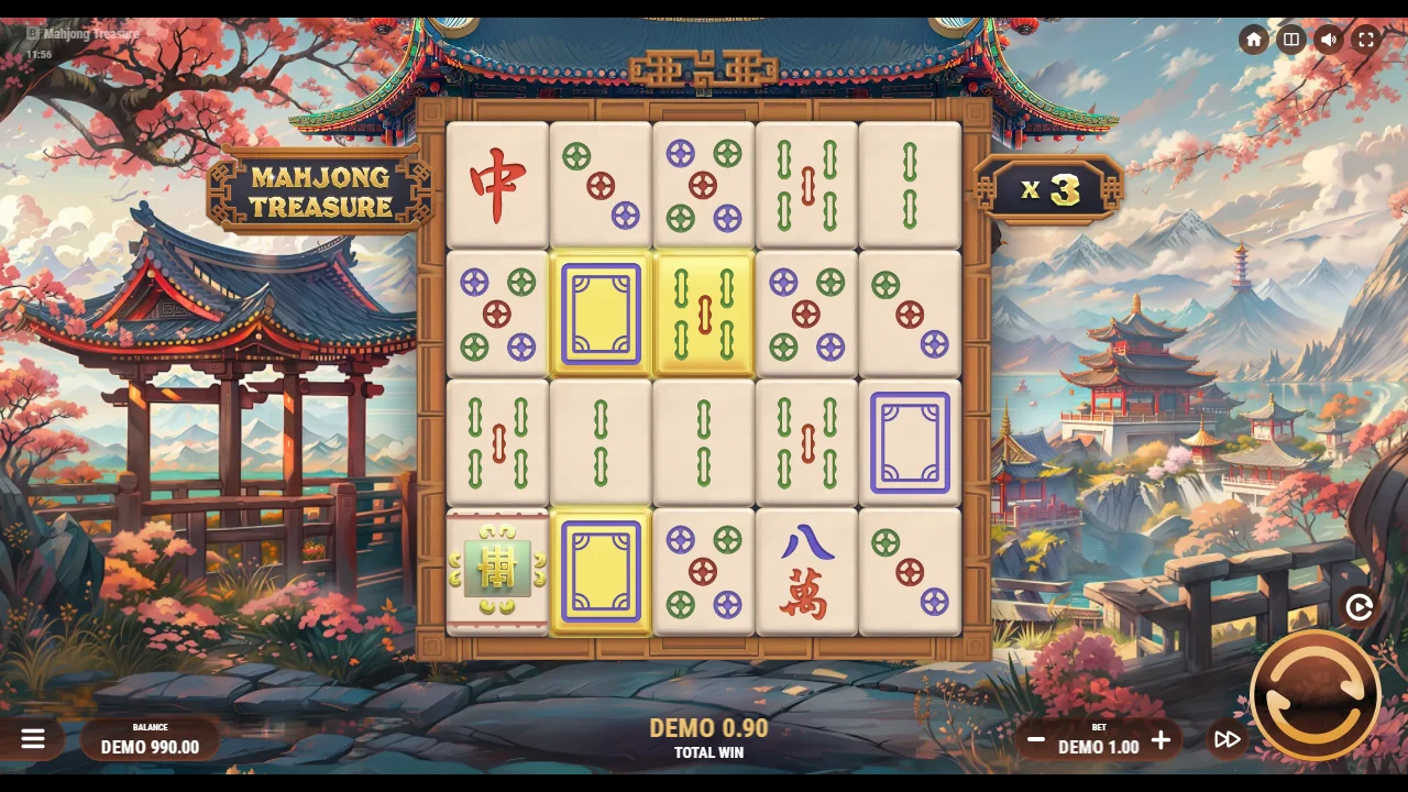 Gevinst på 0,90 i Mahjong Treasure med multiplikatoren på x3