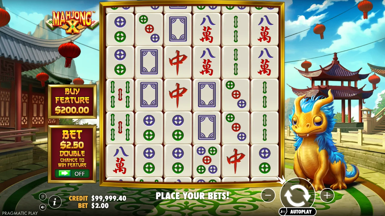Grunnspillet i Mahjong X med 6x5-brettet og kjøpsknappen for funksjonen