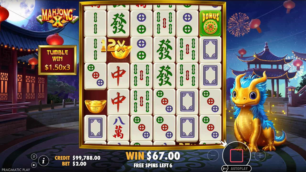 Aktive frispinn i Mahjong X med gullmultiplikator 12X på brettet