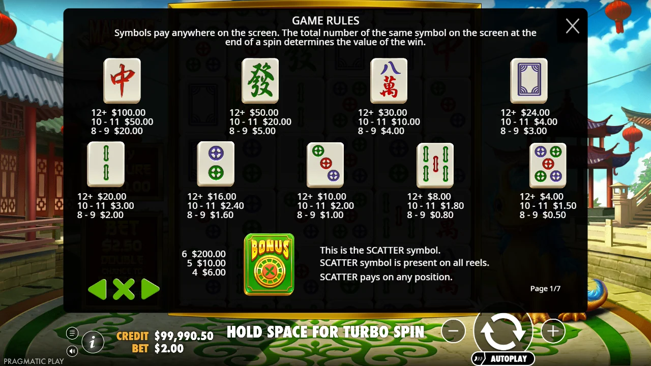 Symboltabellen i regelpanelet til Mahjong X