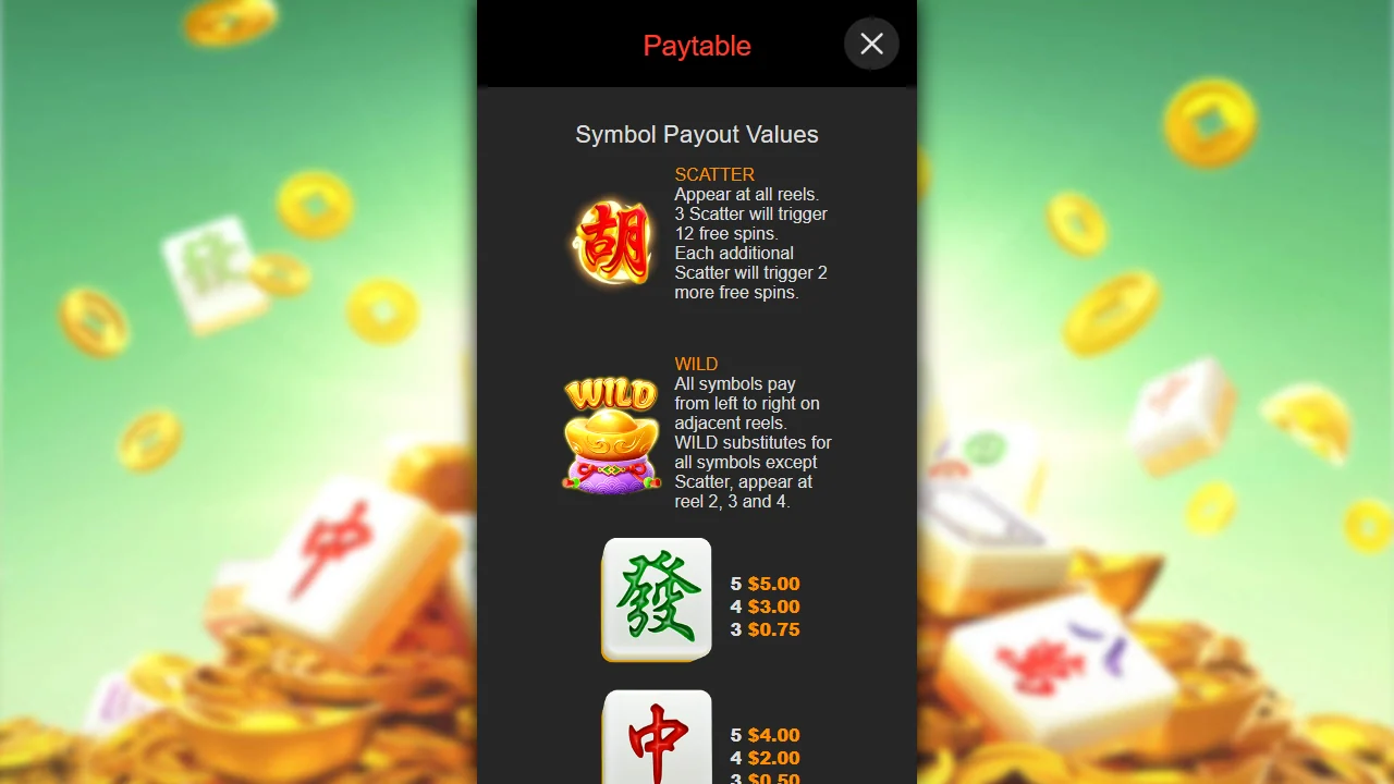 Symboltabellen i paytable-panelet til Mahjong Dragon