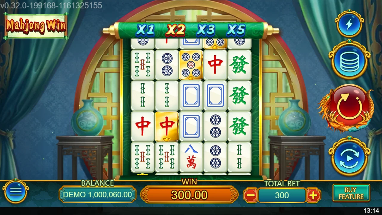 Grunnspillet i Mahjong Win med multiplikatorstigen over muren