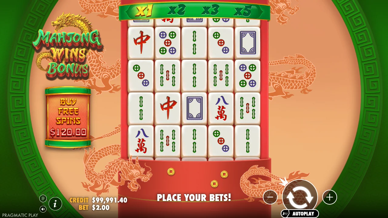 Grunnspillet i Mahjong Wins Bonus med multiplikatorstigen over muren