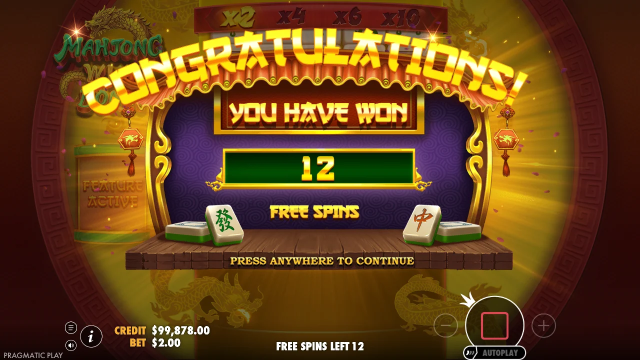 Frispillene tildeles etter kjøpet i Mahjong Wins Bonus
