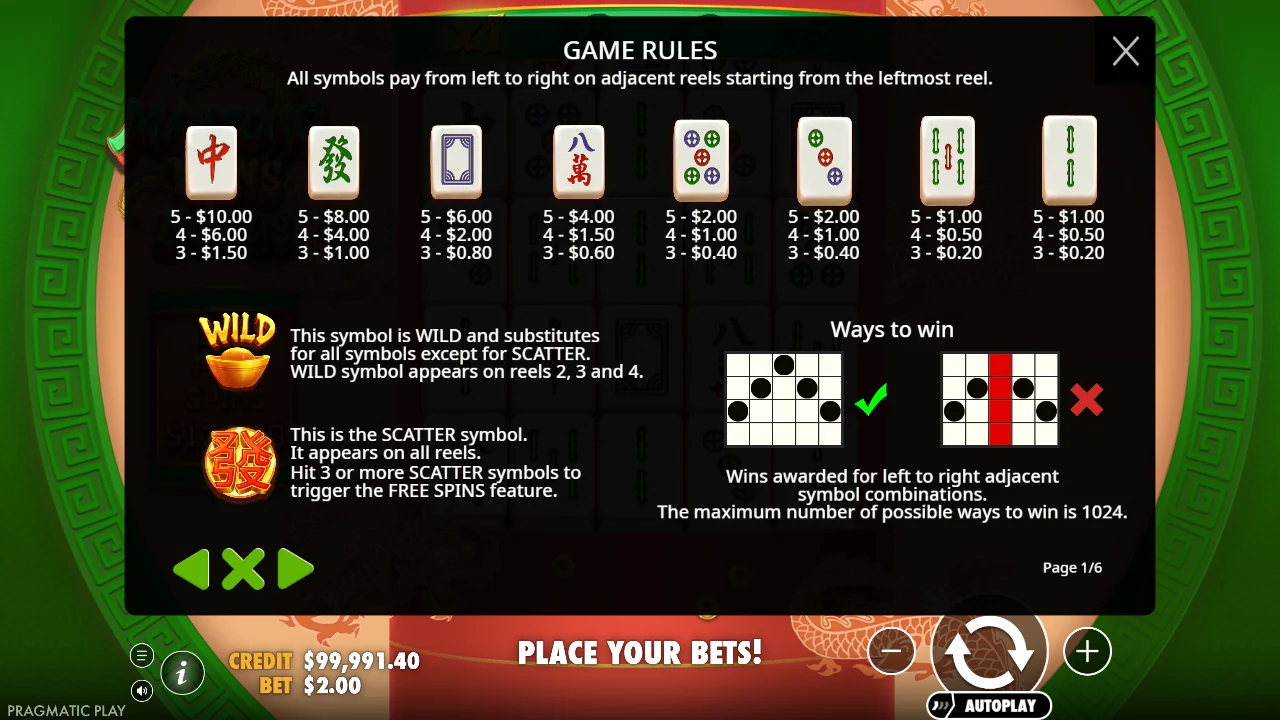 Symboltabellen i regelpanelet GAME RULES til Mahjong Wins Bonus