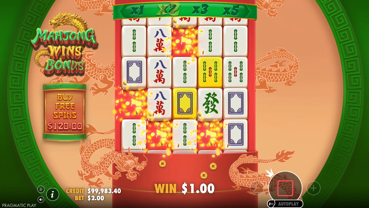 Kaskade med x2 tent i Mahjong Wins Bonus