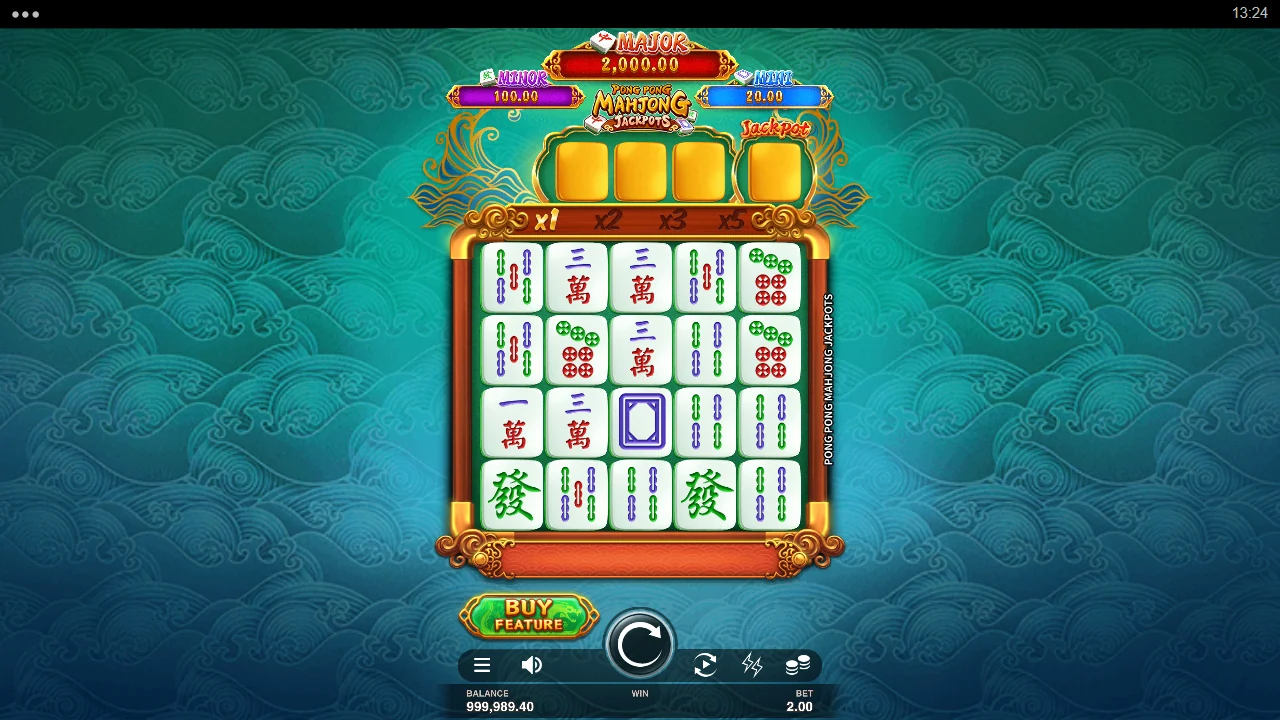 Grunnspillet i Pong Pong Mahjong Jackpots med jackpotmålerne over muren