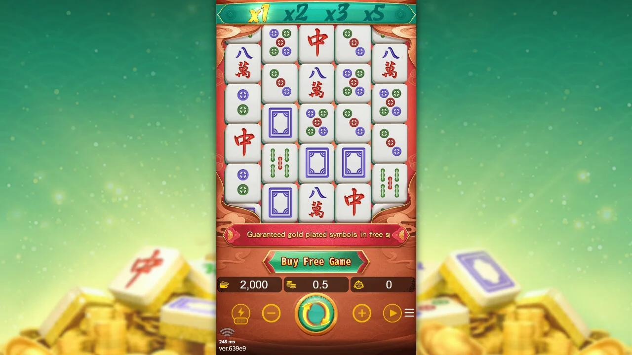 Grunnspillet i Mahjong Self-Drawn Win 2 med multiplikatorstigen over muren