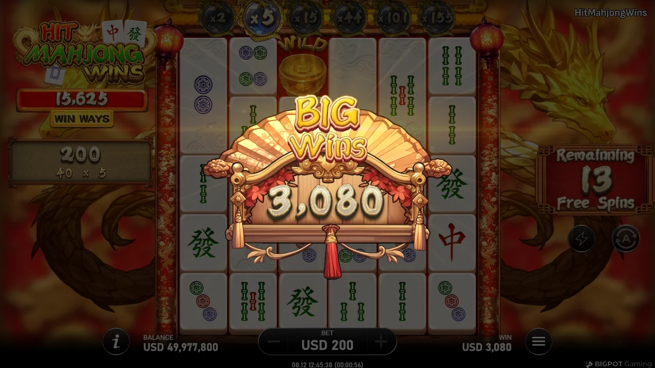 Big Wins-utbetaling under frispillene i Hit Mahjong Wins