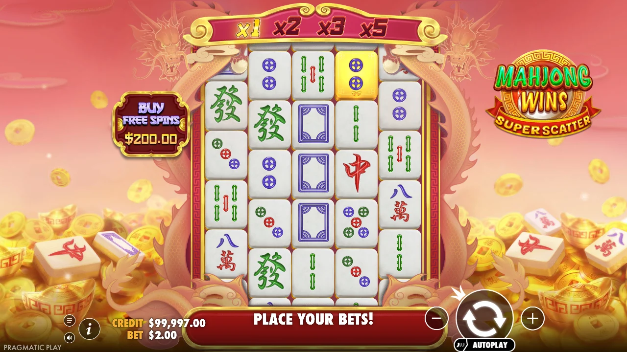 Grunnspillet i Mahjong Wins Super Scatter med multiplikatorstigen over muren