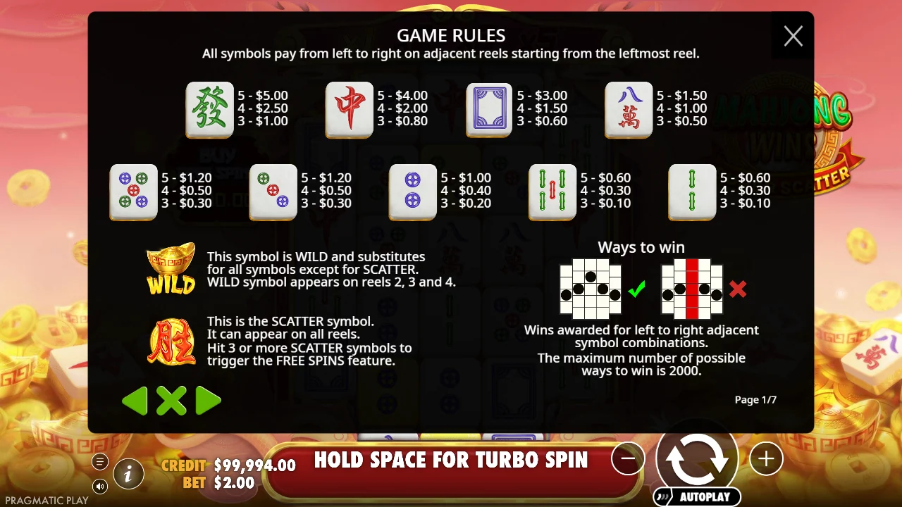 Symboltabellen i regelpanelet til Mahjong Wins Super Scatter