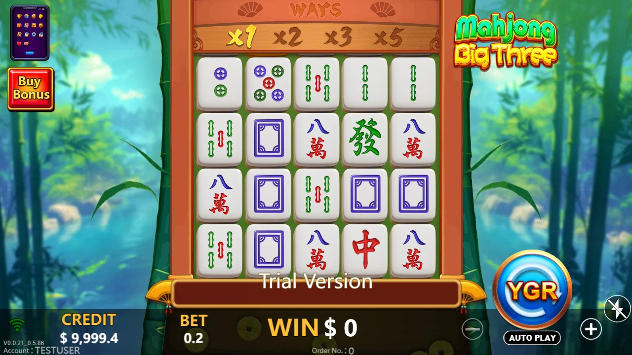 Grunnspillet i Mahjong Big Three med multiplikatorstigen over hjulene