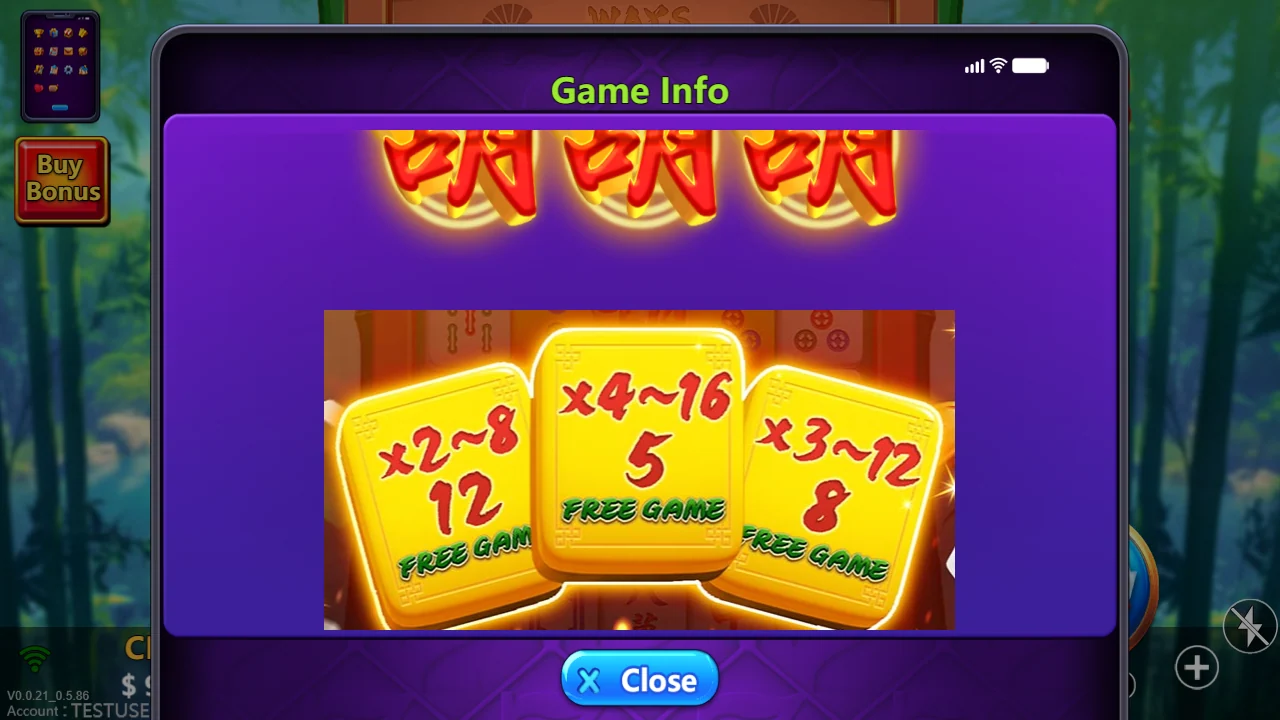 Game Info-panelet i Mahjong Big Three med valgene for frispill