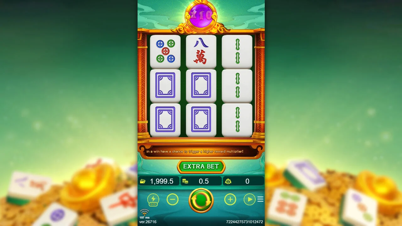 Grunnspillet i Mahjong Saga med 3x3-rutenett og multiplikatorkulen over brettet