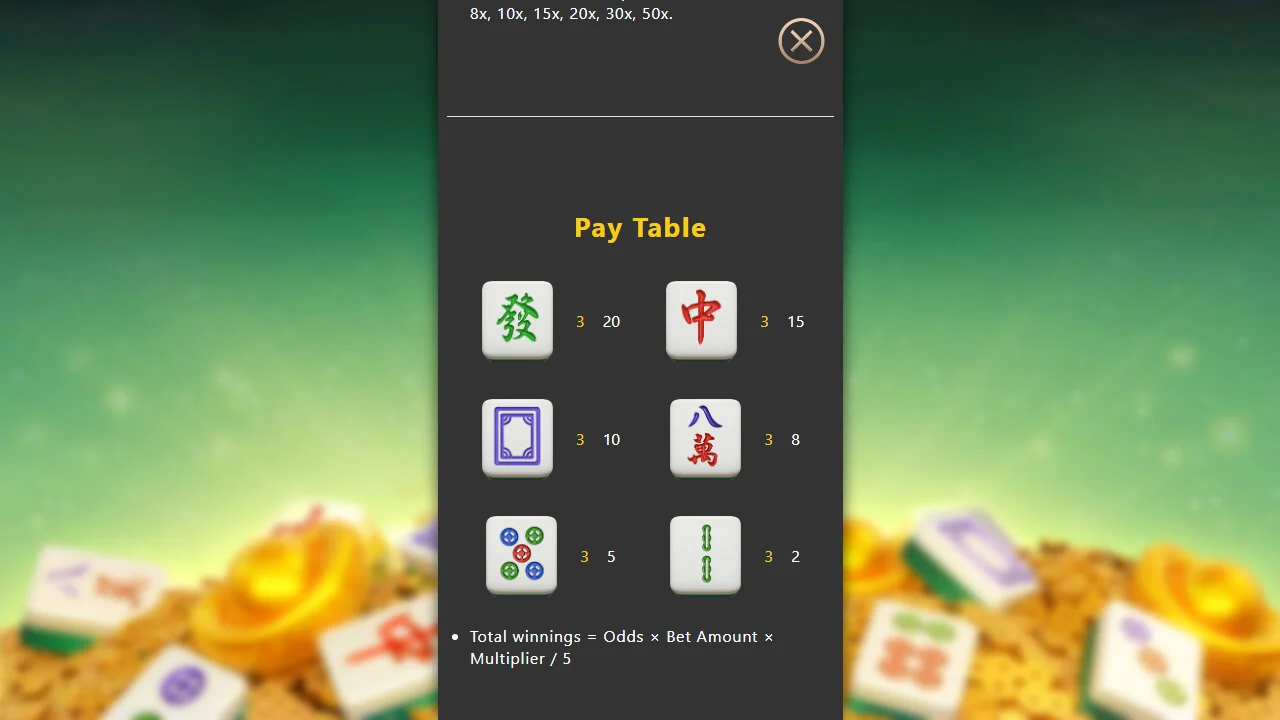 Pay Table i Mahjong Saga med odds per symbol