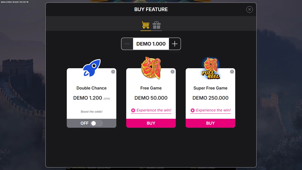 BUY FEATURE-panelet i Mahjong Roar med tre alternativer