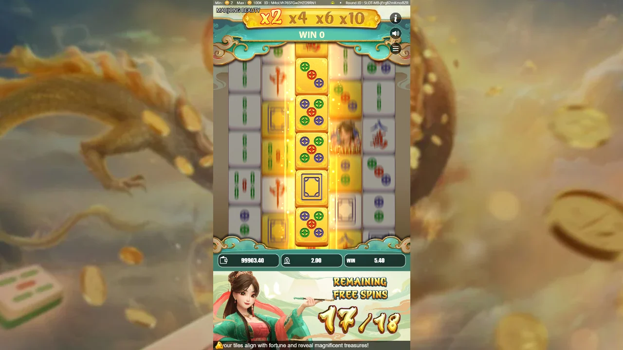 Frispinnrunden i Mahjong Beauty med 17 av 18 spinn igjen