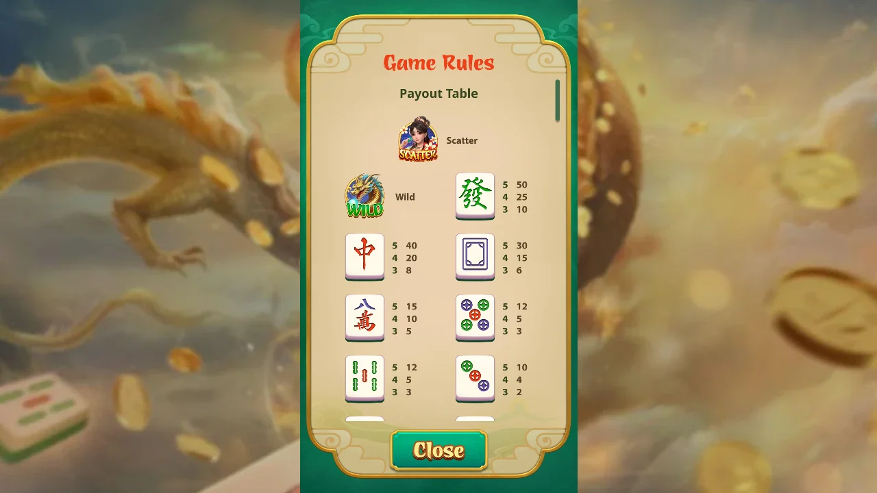 Symboltabellen i regelpanelet til Mahjong Beauty