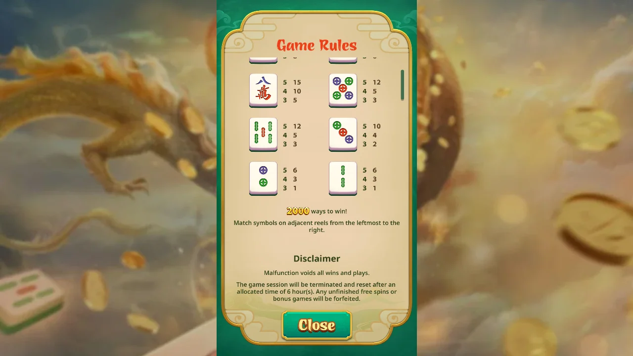 Nedre del av regelpanelet med antall gevinstmåter i Mahjong Beauty