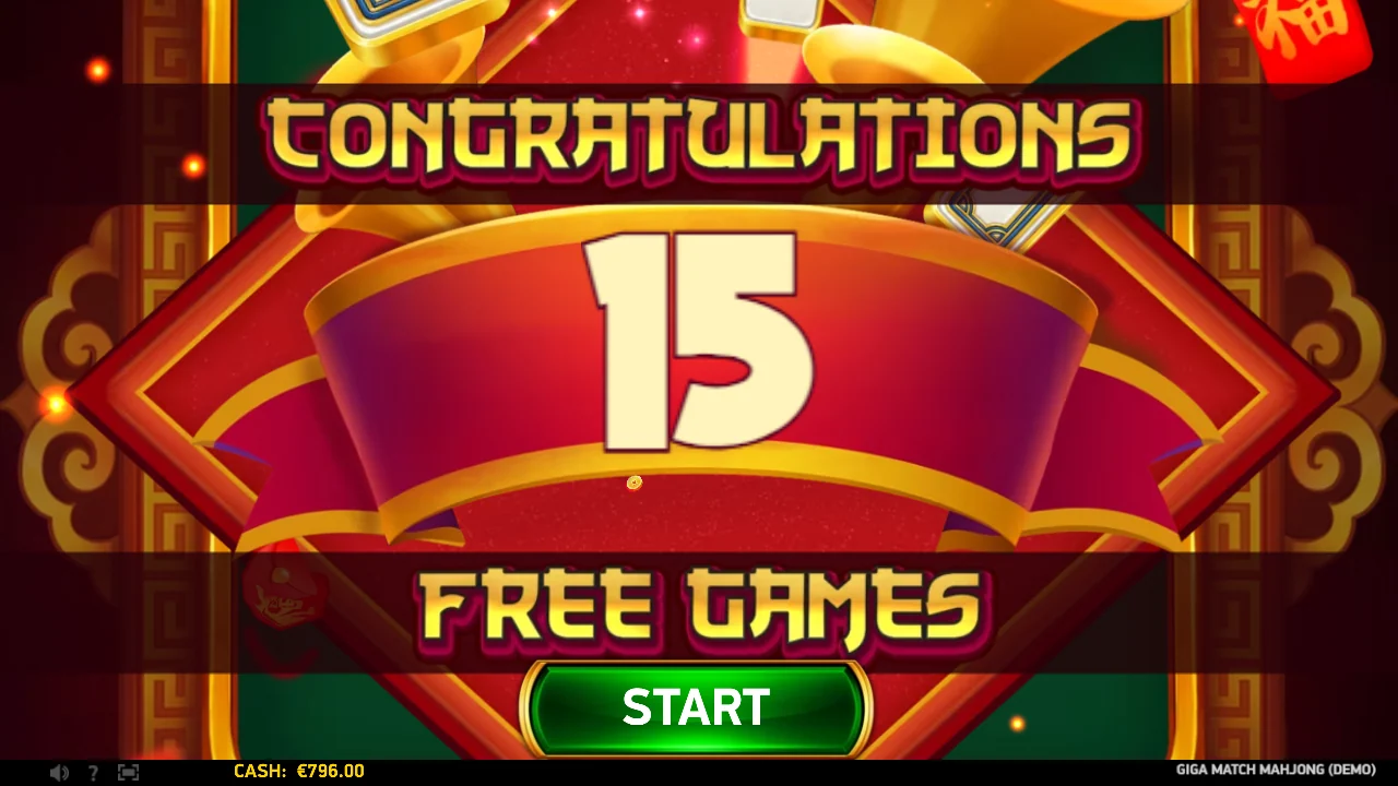 Skjermen CONGRATULATIONS 15 FREE GAMES i Giga Match Mahjong