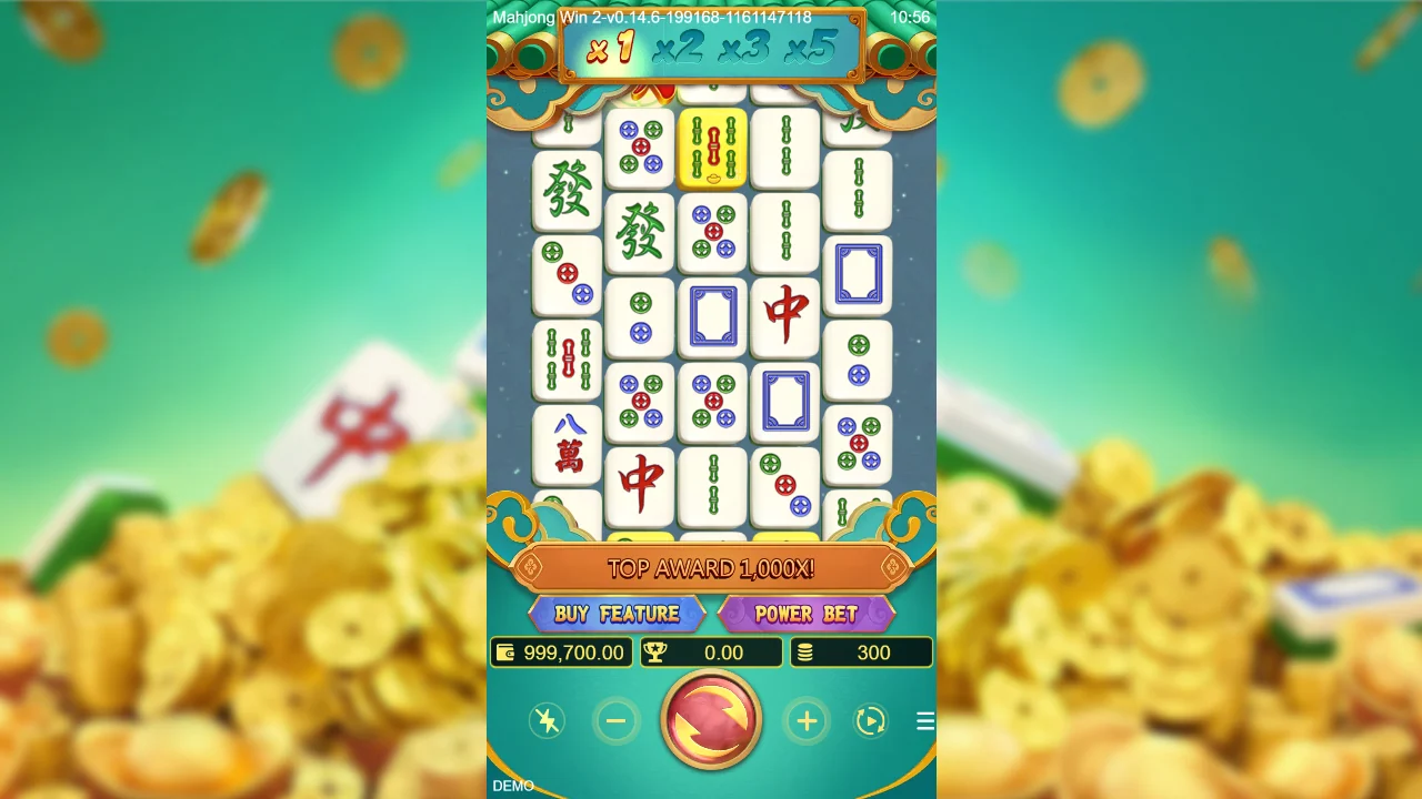Grunnspillet i Mahjong Win 2 med multiplikatorstigen og taket oppgitt til 1000×