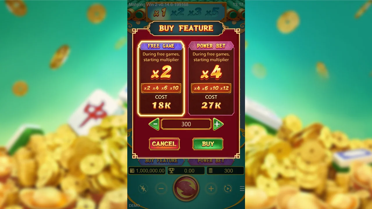 BUY FEATURE-panelet i Mahjong Win 2 med to kjøpsalternativer