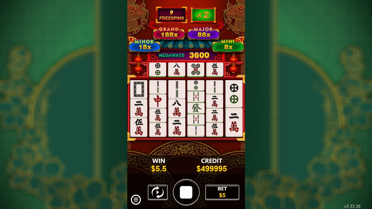 Muren i JP Mahjong 2 med jackpotstigen og Megaways-telleren