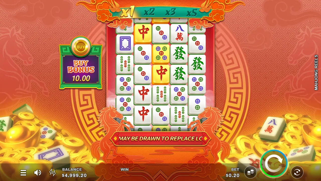 Grunnspillet i Mahjong Reels med multiplikatorstigen over muren