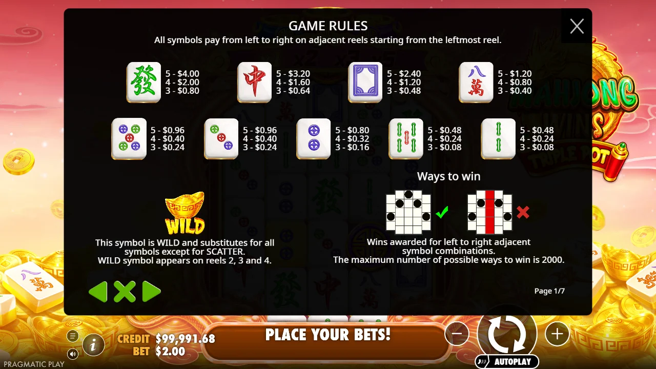 Symboltabellen i regelpanelet til Mahjong Wins Triple Pot