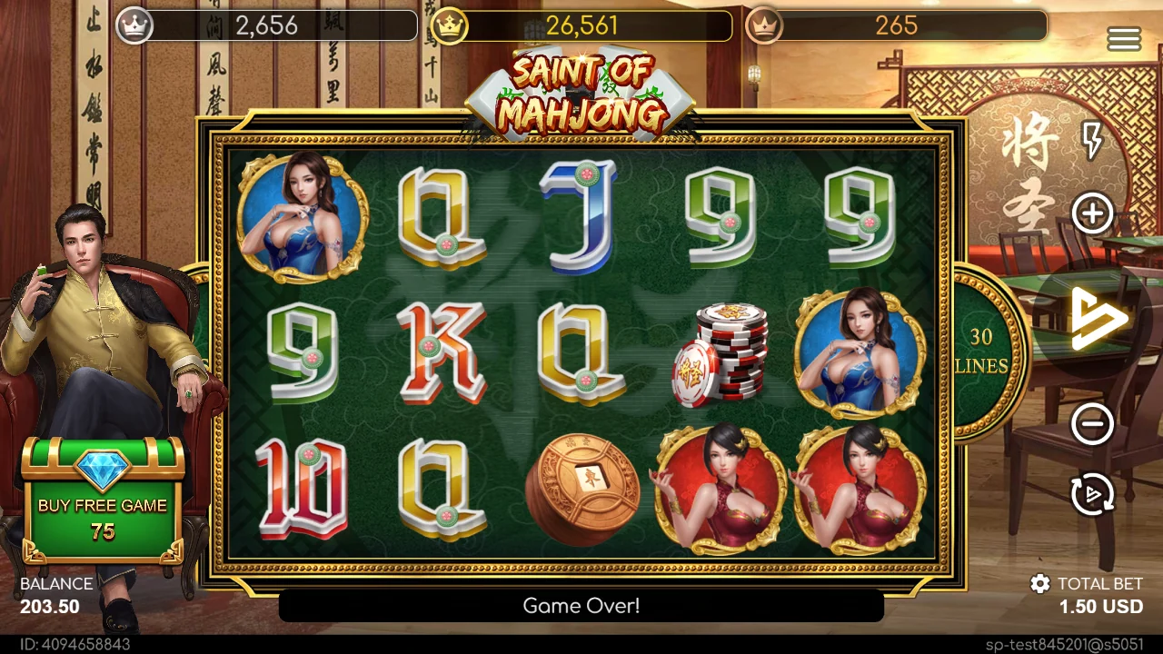 Grunnspillet i Saint of Mahjong med tre jackpotmålere over hjulene