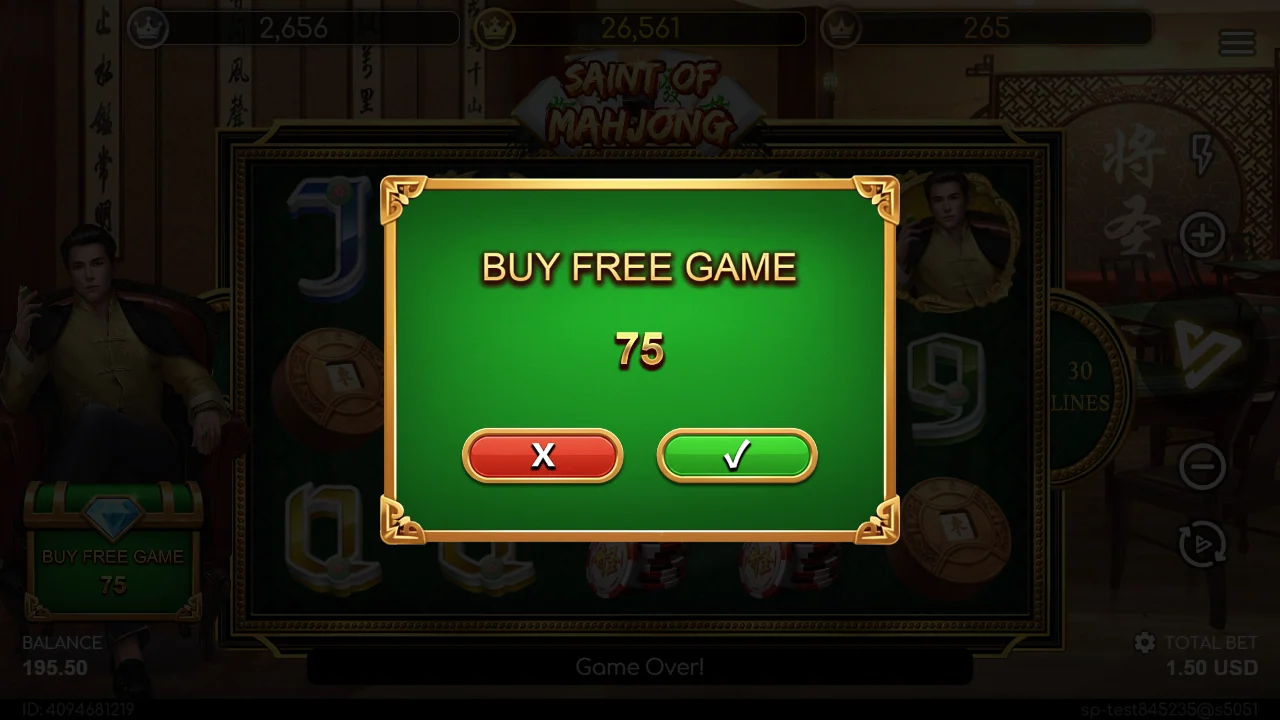 Kjøpsdialogen BUY FREE GAME i Saint of Mahjong