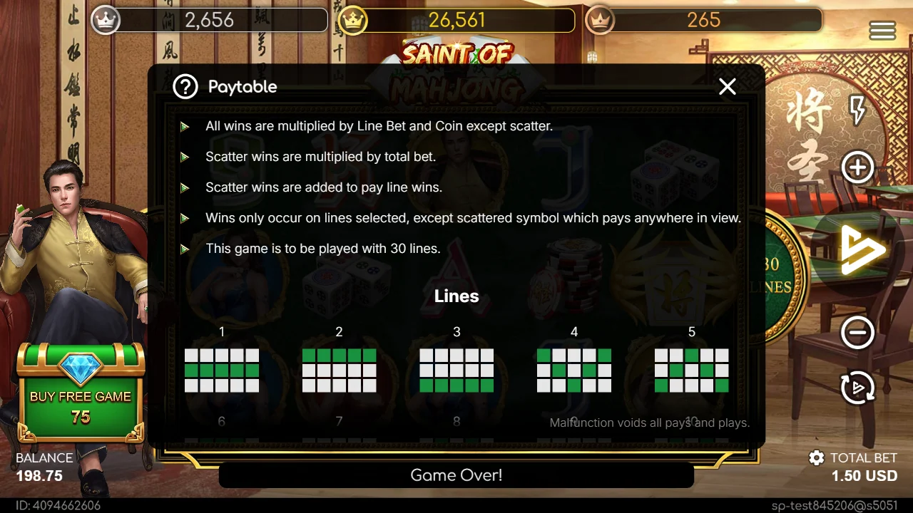 Regelpanelet med linjeoversikten i Saint of Mahjong