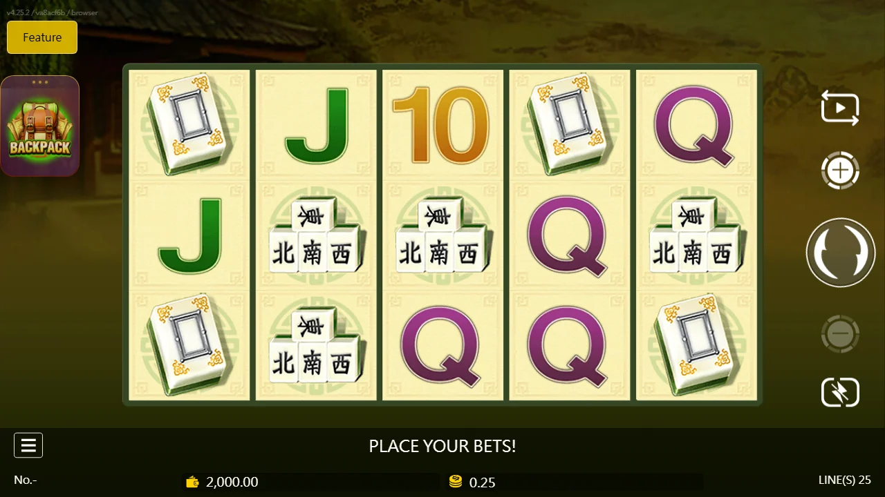 Grunnspillet i Mahjong med fem hjul og 25 gevinstlinjer